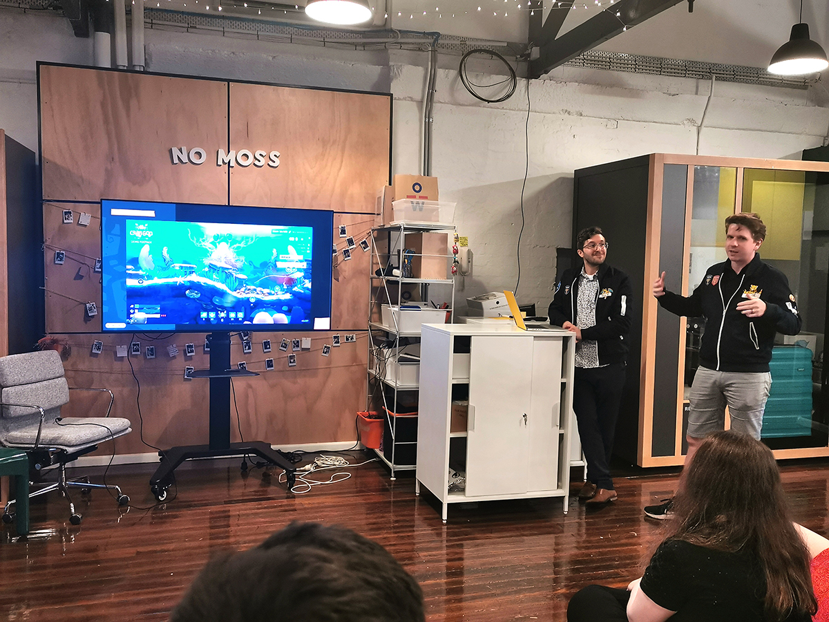 Photograph of Chaos Theory Games presenting about Crab God.