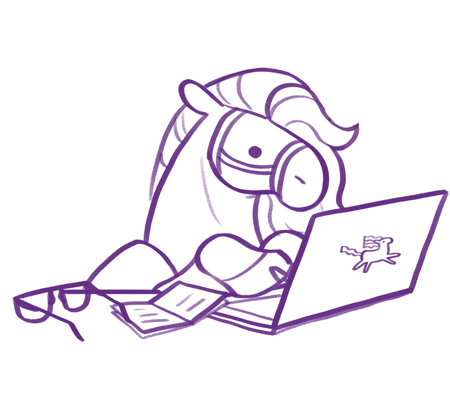 An illustration of a horse typing with its hooves on a laptop. Some geeky glasses and notes are sprawled around it.